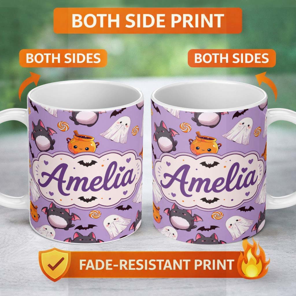 Personalized Custom Name Kawaii Halloween Ghost Bat Candy Pumpkin Seamless Pattern Purple 11oz Ceramic Coffee Tea Mug White Large Handle