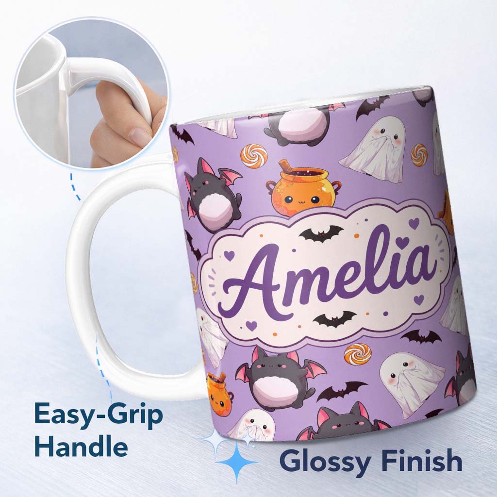 Personalized Custom Name Kawaii Halloween Ghost Bat Candy Pumpkin Seamless Pattern Purple 11oz Ceramic Coffee Tea Mug White Large Handle
