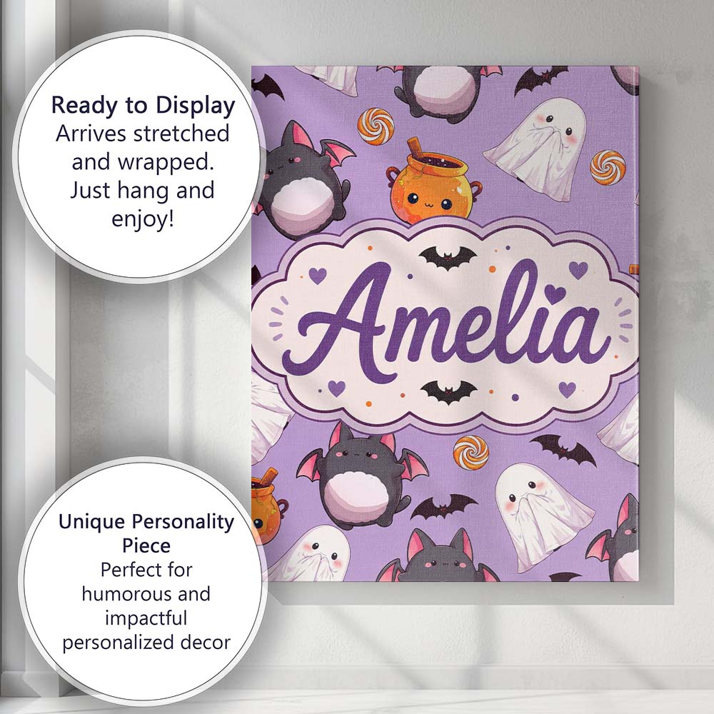 Personalised Name Kawaii Halloween Ghost Custom Unique Gift Idea Elegant Feature Canvas Wall Art Print Decor Picture Ready to Hang