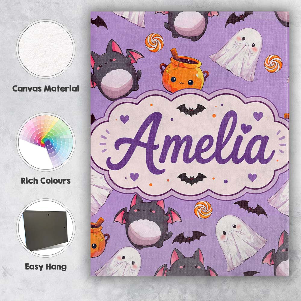 Personalised Name Kawaii Halloween Ghost Custom Unique Gift Idea Elegant Feature Canvas Wall Art Print Decor Picture Ready to Hang