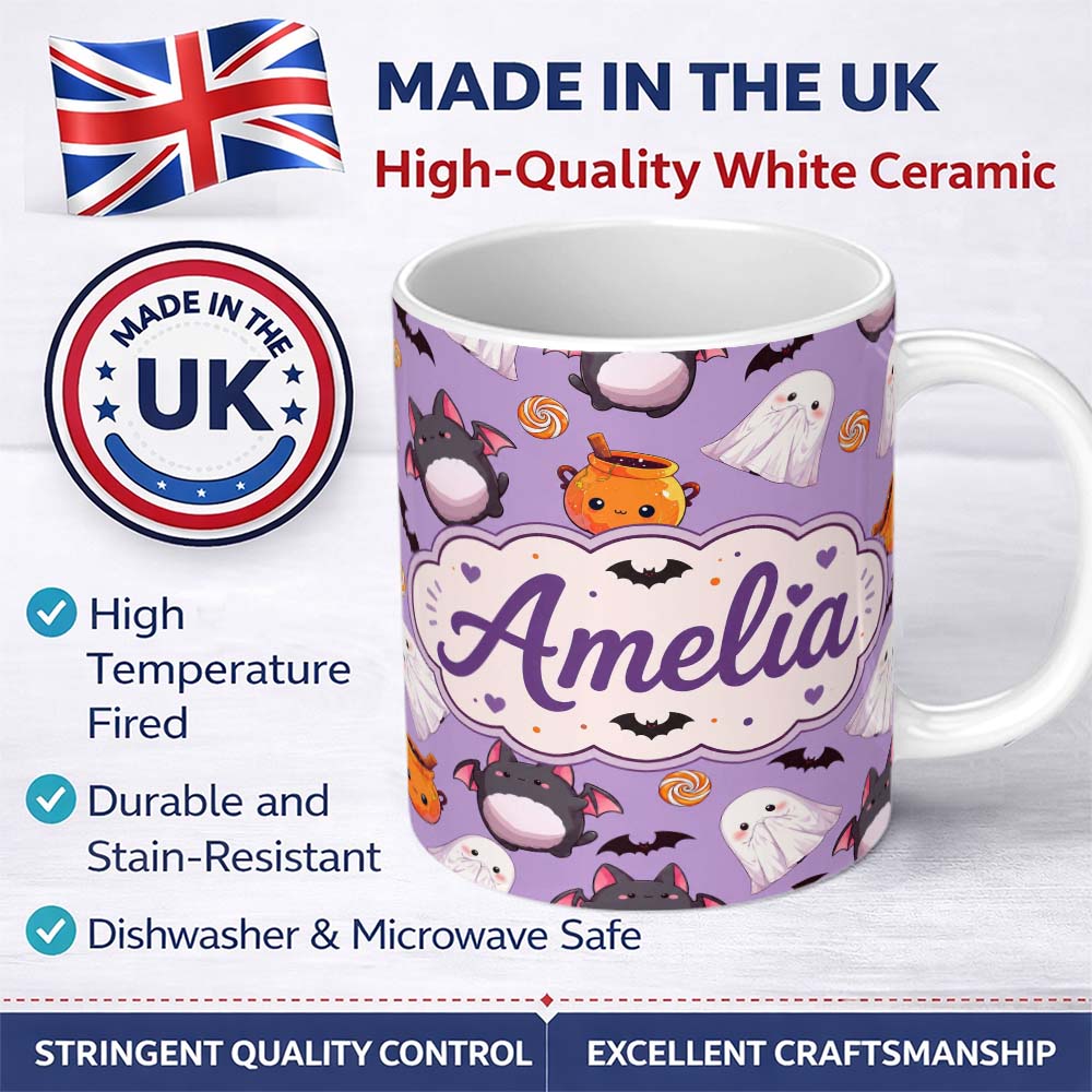Personalized Custom Name Kawaii Halloween Ghost Bat Candy Pumpkin Seamless Pattern Purple 11oz Ceramic Coffee Tea Mug White Large Handle