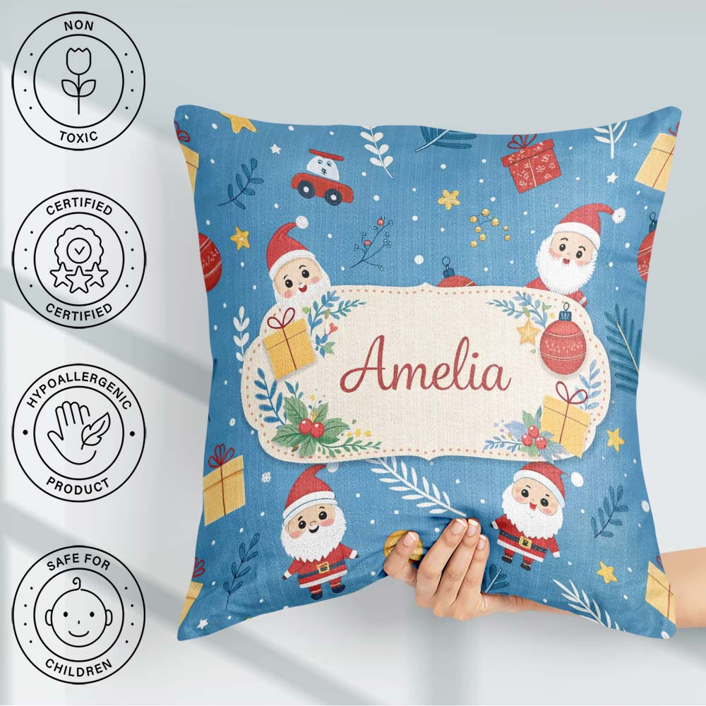 Custom Name Red Festive Christmas Tree Reindeer Snowman Seamless Square Filled Cushion Throw Pillow Sofa Bed Home Decor Zip Washable UK Made