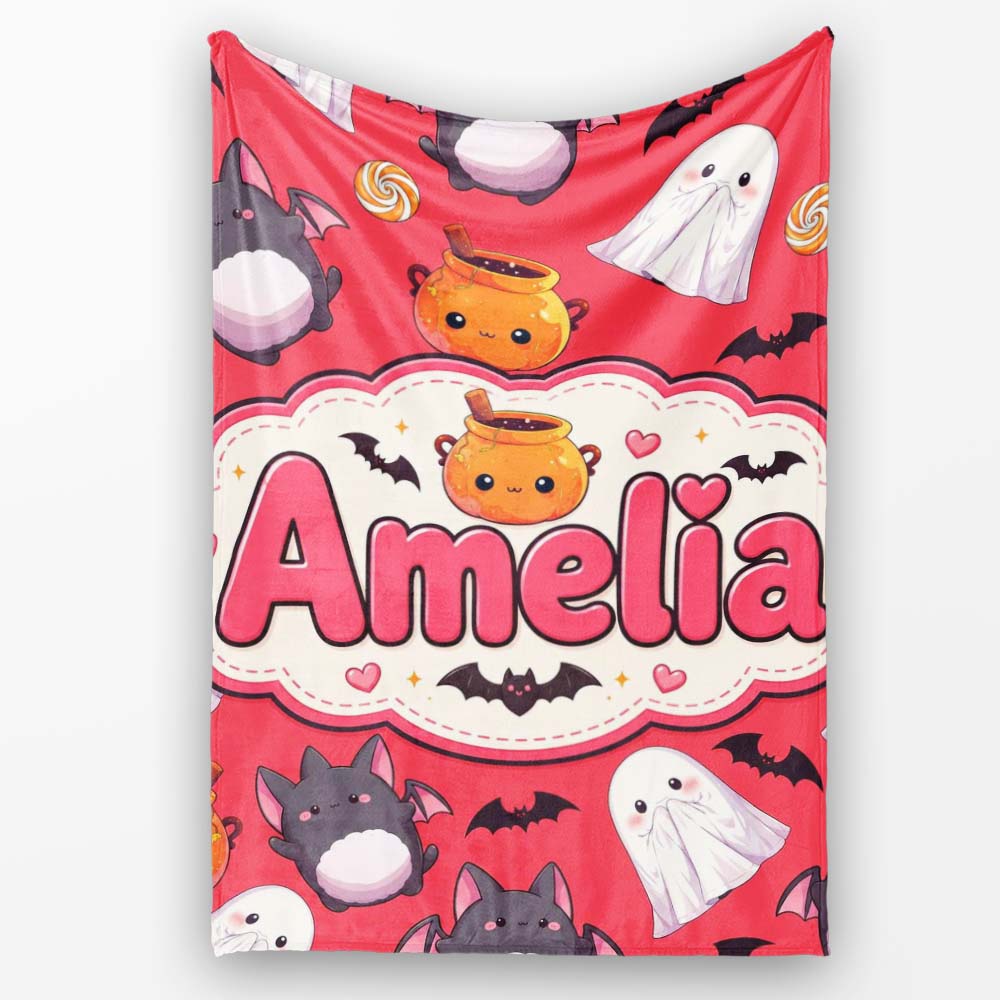 Cute Kawaii Halloween Ghost Bat Candy Pumpkin Seamless Pattern Red Personalised Custom Name Super Soft Fleece Blanket Bed Sofa Throw