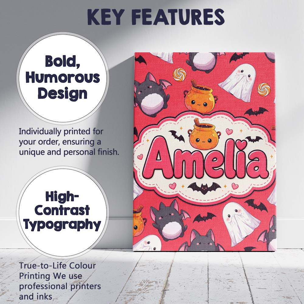 Personalised Name Cute Kawaii Halloween Custom Modern Room Accent Elegant Feature Canvas Wall Art Print Decor Picture Ready to Hang