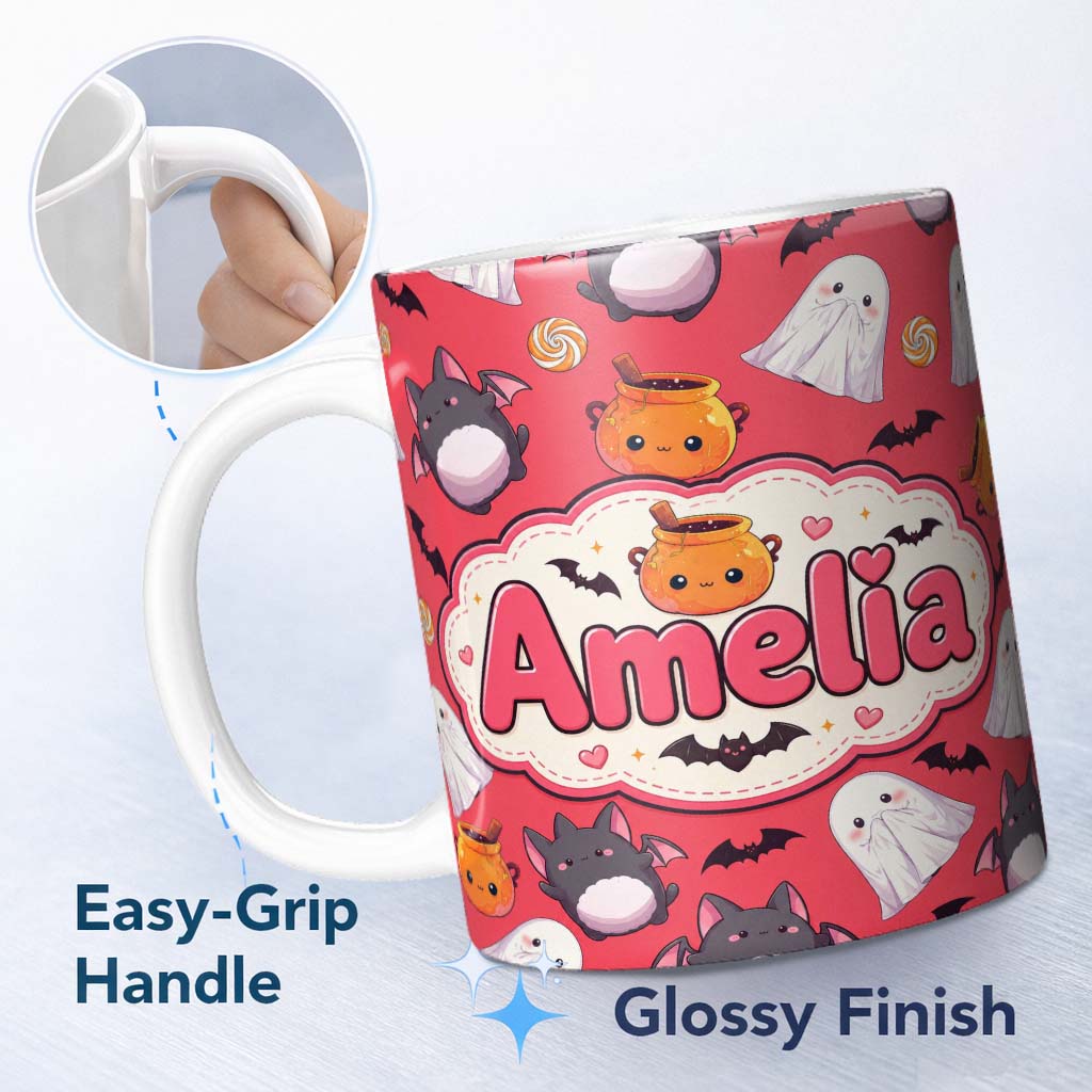 Personalized Custom Name Cute Kawaii Halloween Ghost Bat Candy Pumpkin Seamless Pattern Red 11oz Ceramic Coffee Tea Mug White Large Handle