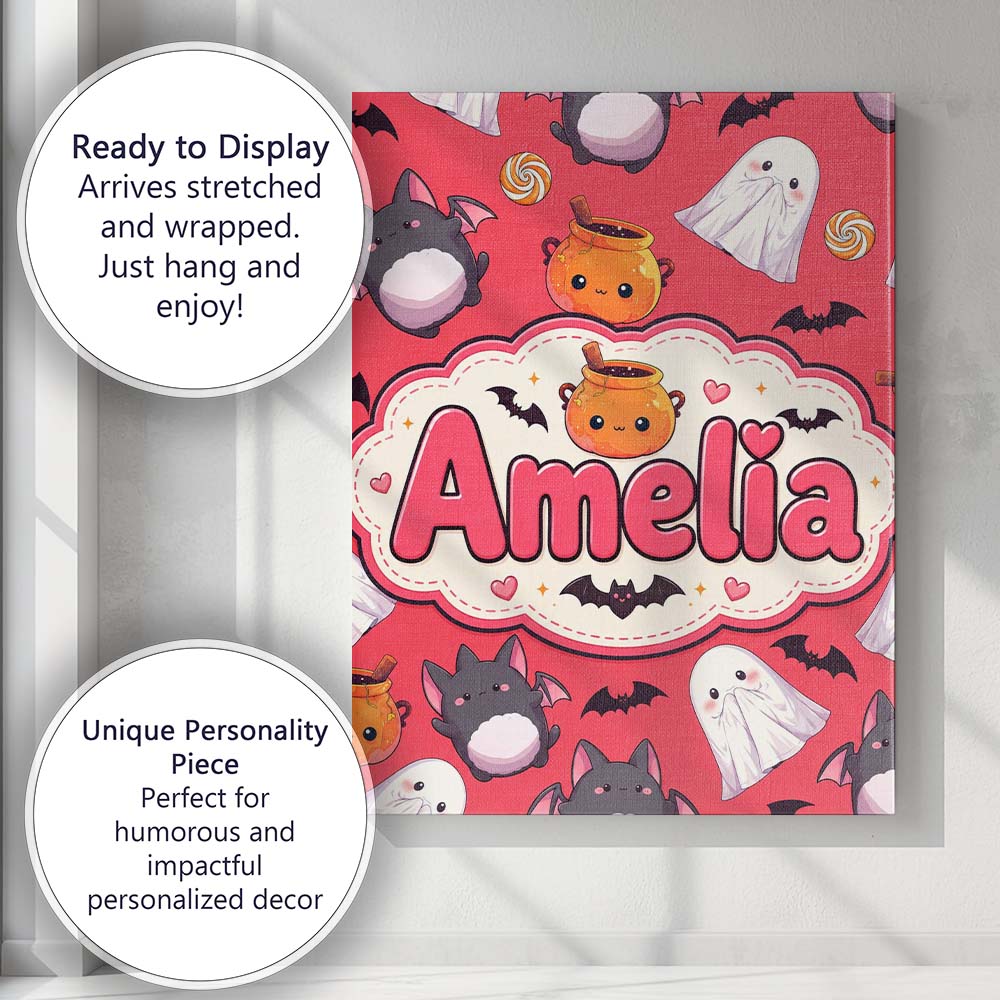 Personalised Name Cute Kawaii Halloween Custom Modern Room Accent Elegant Feature Canvas Wall Art Print Decor Picture Ready to Hang