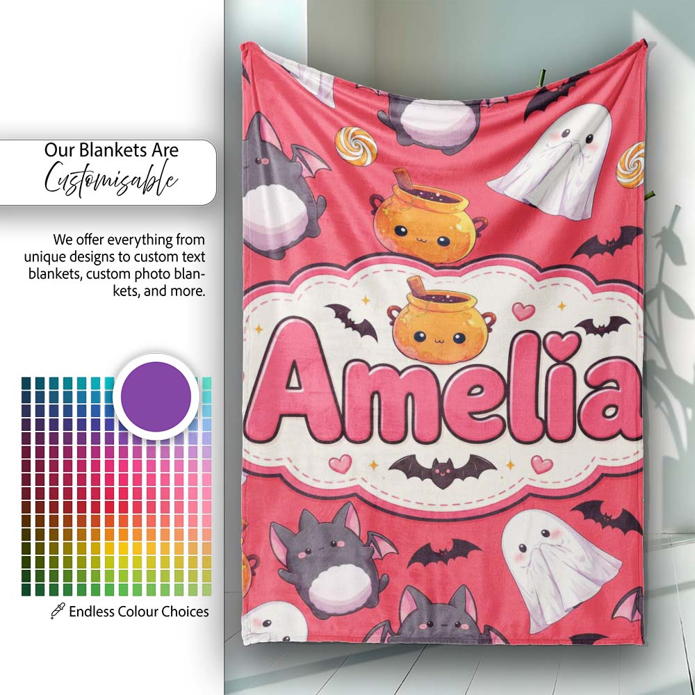 Cute Kawaii Halloween Ghost Bat Candy Pumpkin Seamless Pattern Red Personalised Custom Name Super Soft Fleece Blanket Bed Sofa Throw
