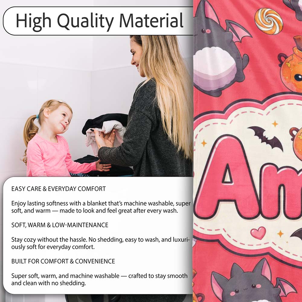 Cute Kawaii Halloween Ghost Bat Candy Pumpkin Seamless Pattern Red Personalised Custom Name Super Soft Fleece Blanket Bed Sofa Throw