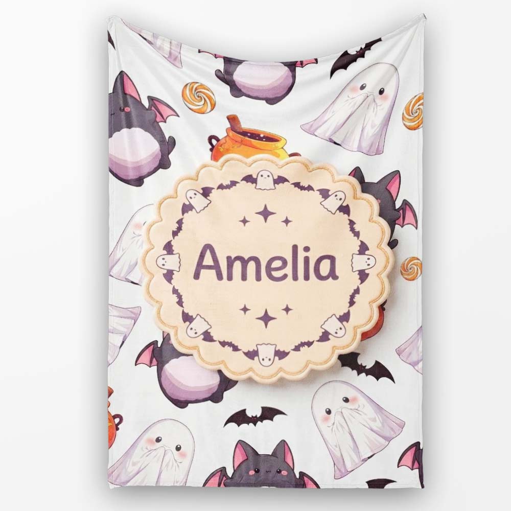 Cute Kawaii Halloween Ghost Bat Candy Pumpkin Seamless Pattern Grey Personalised Custom Name Super Soft Fleece Blanket Bed Sofa Throw