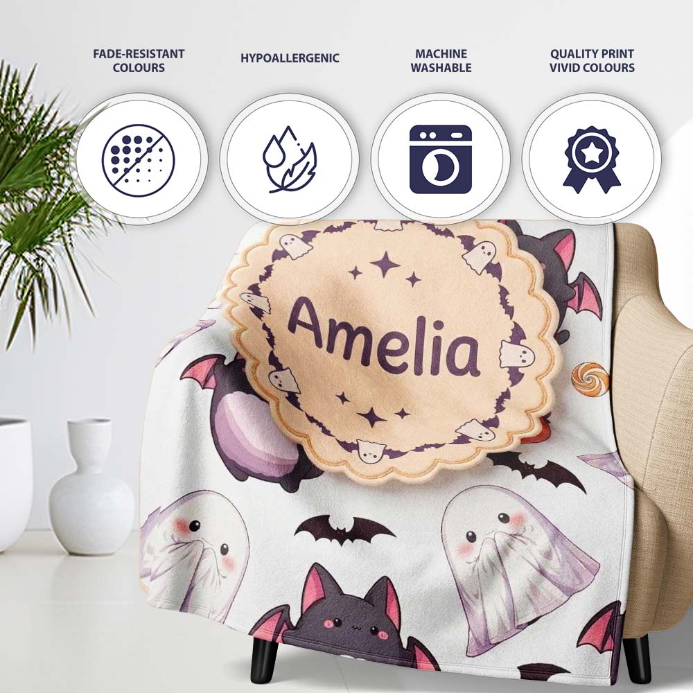 Cute Kawaii Halloween Ghost Bat Candy Pumpkin Seamless Pattern Grey Personalised Custom Name Super Soft Fleece Blanket Bed Sofa Throw