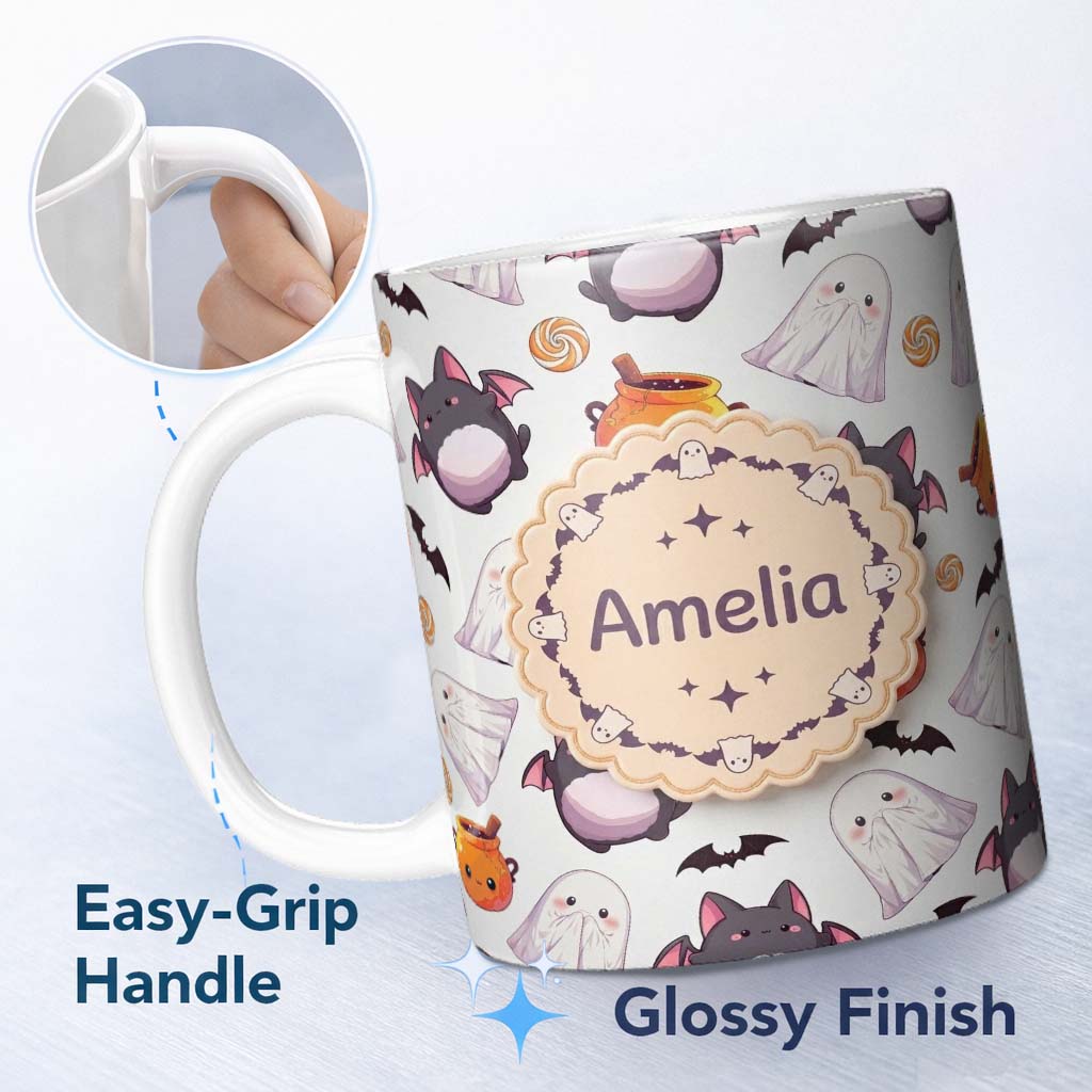 Personalized Custom Name Cute Kawaii Halloween Ghost Bat Candy Pumpkin Seamless Pattern Grey 11oz Ceramic Coffee Tea Mug White Large Handle
