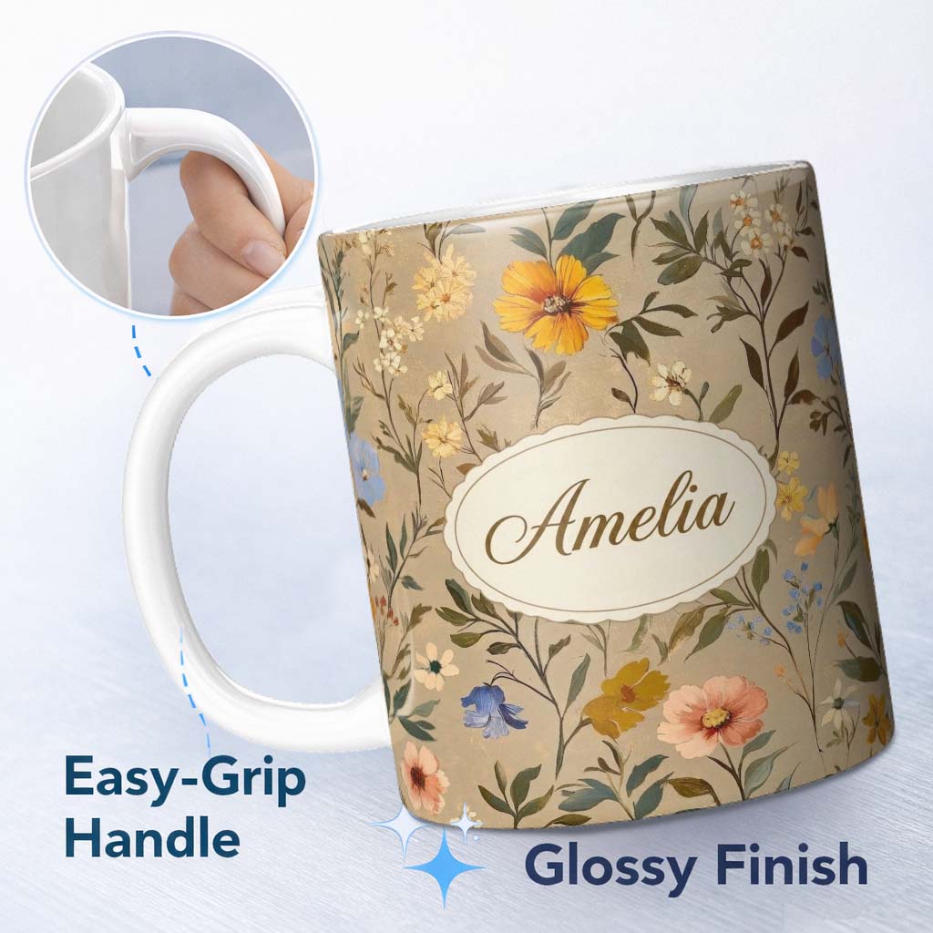 Personalized Custom Name Elegant Garden Wildflowers in Soft Neutral Tones Seamless Pattern 11oz Ceramic Coffee Tea Mug White Large Handle