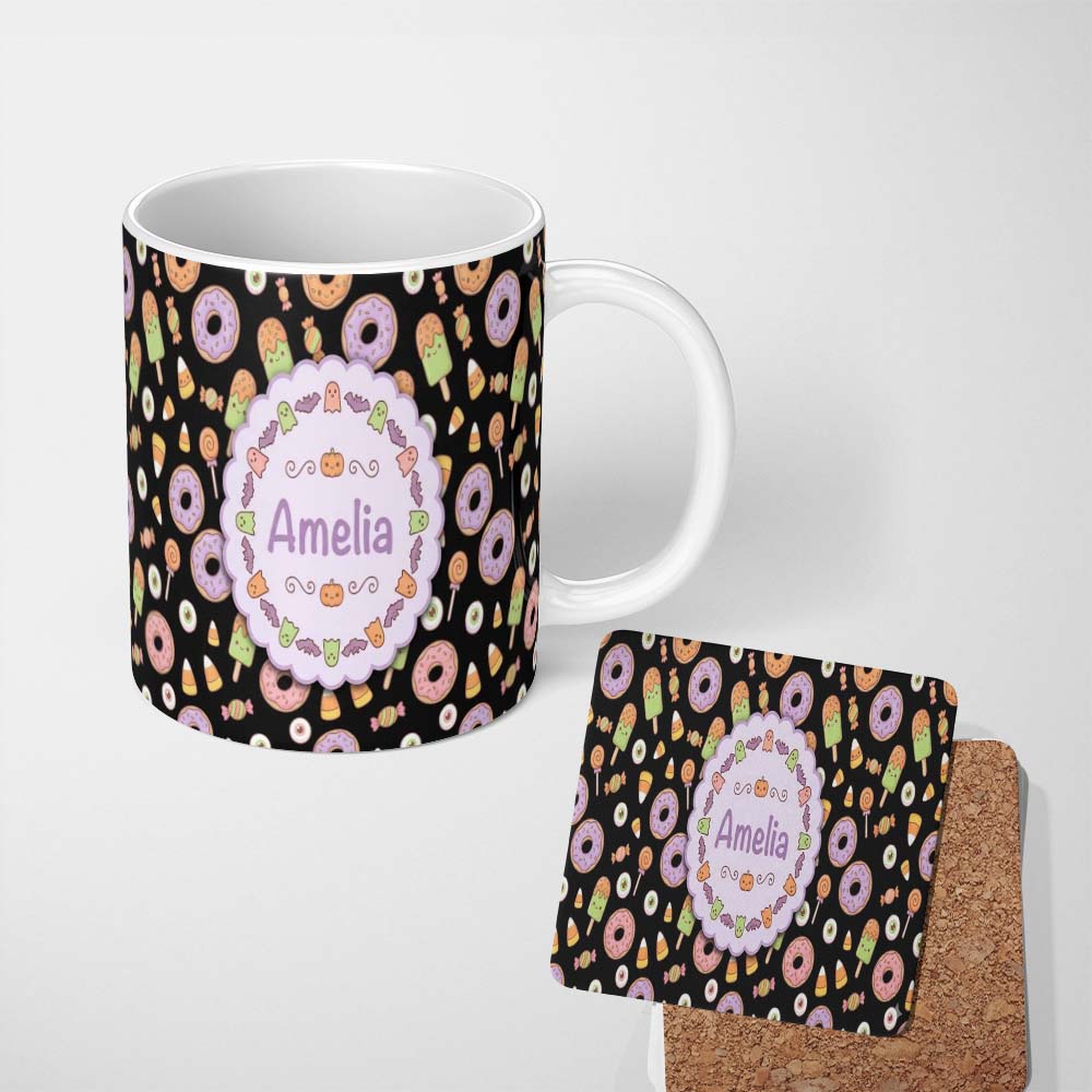 Personalized Custom Name Cute Halloween Donuts Candy Eyeball Ice Cream Seamless Pattern 11oz Ceramic Coffee Tea Mug White Large Handle