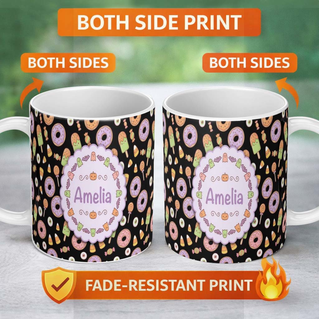 Personalized Custom Name Cute Halloween Donuts Candy Eyeball Ice Cream Seamless Pattern 11oz Ceramic Coffee Tea Mug White Large Handle