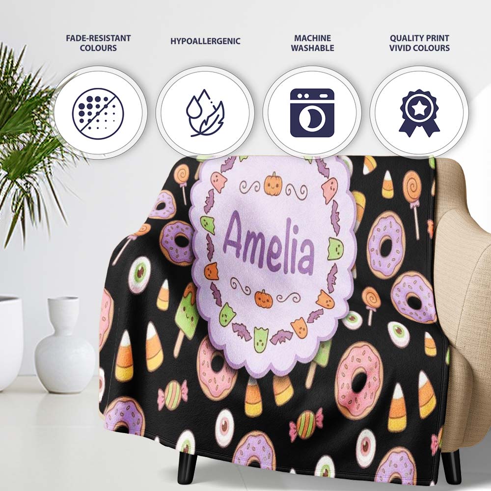 Cute Halloween Donuts Candy Eyeball Ice Cream Seamless Pattern Personalised Custom Name Super Soft Fleece Blanket Bed Sofa Throw
