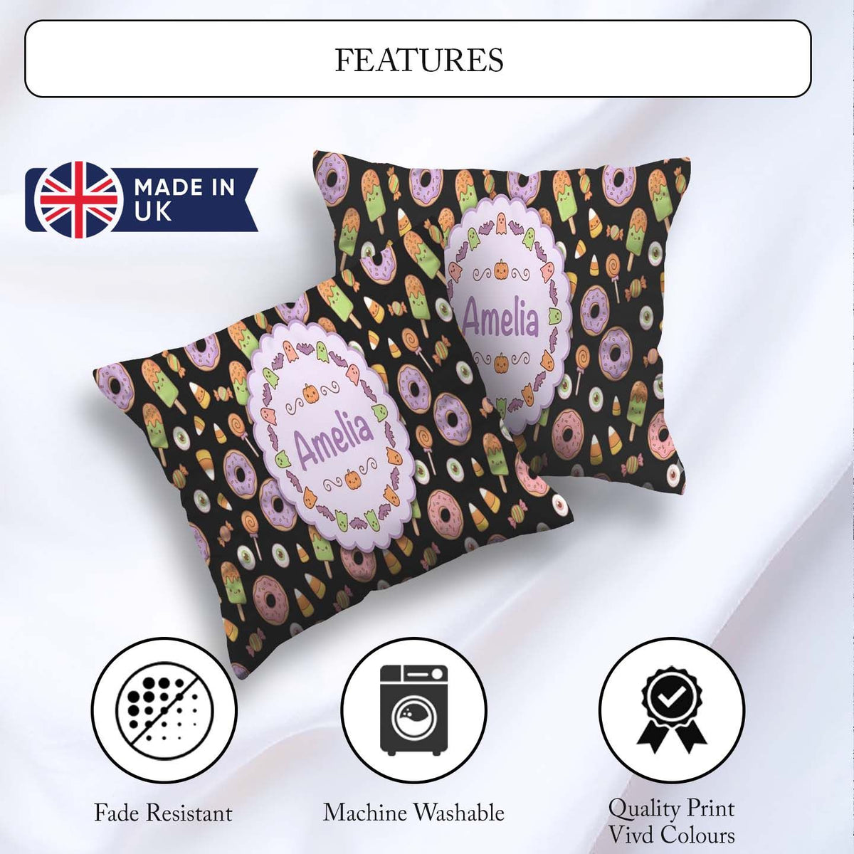 Custom Name Cute Donuts Candy Eyeball Ice Cream Seamless Pattern Square Filled Cushion Throw Pillow Sofa Bed Home Decor Zip Washable UK Made