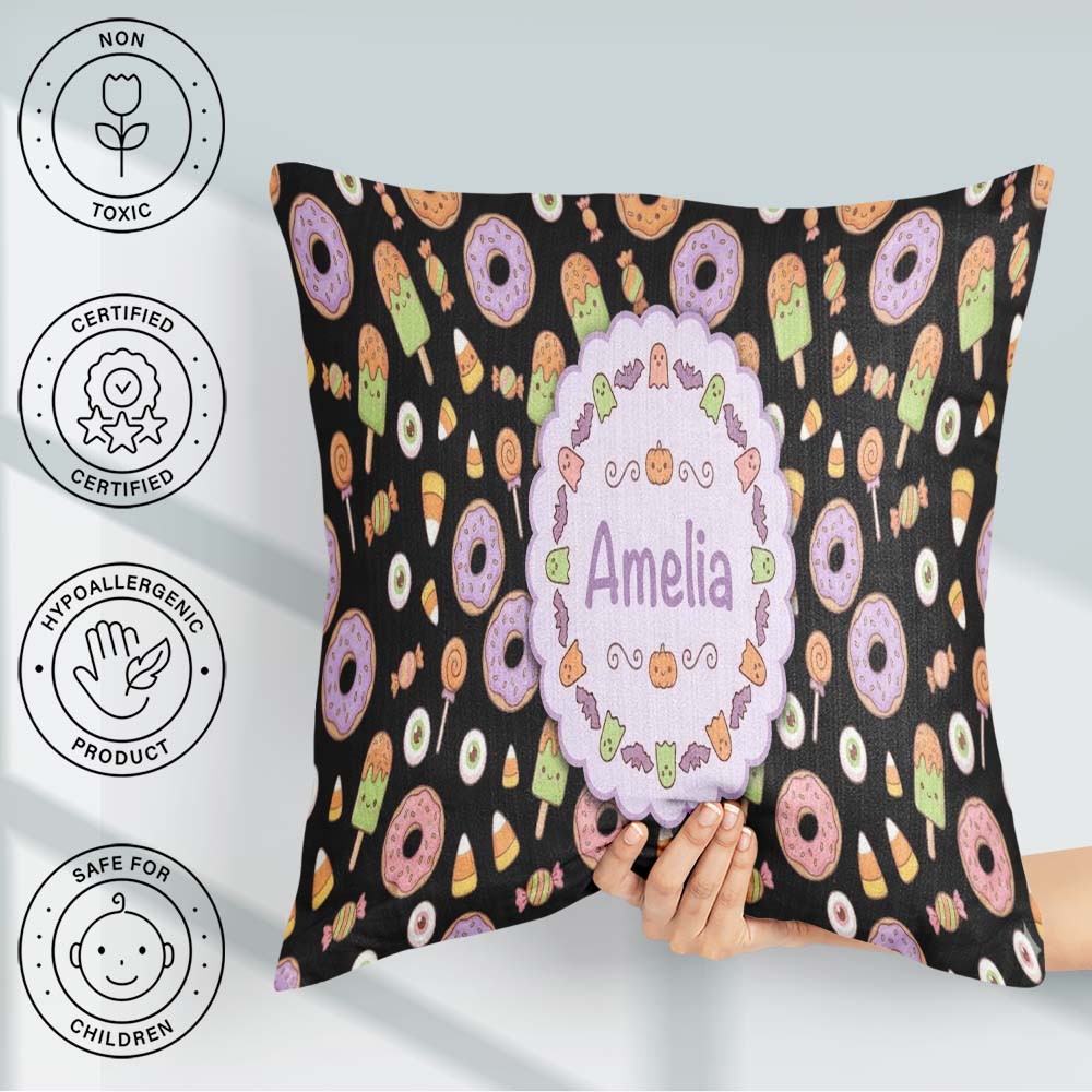 Custom Name Cute Donuts Candy Eyeball Ice Cream Seamless Pattern Square Filled Cushion Throw Pillow Sofa Bed Home Decor Zip Washable UK Made