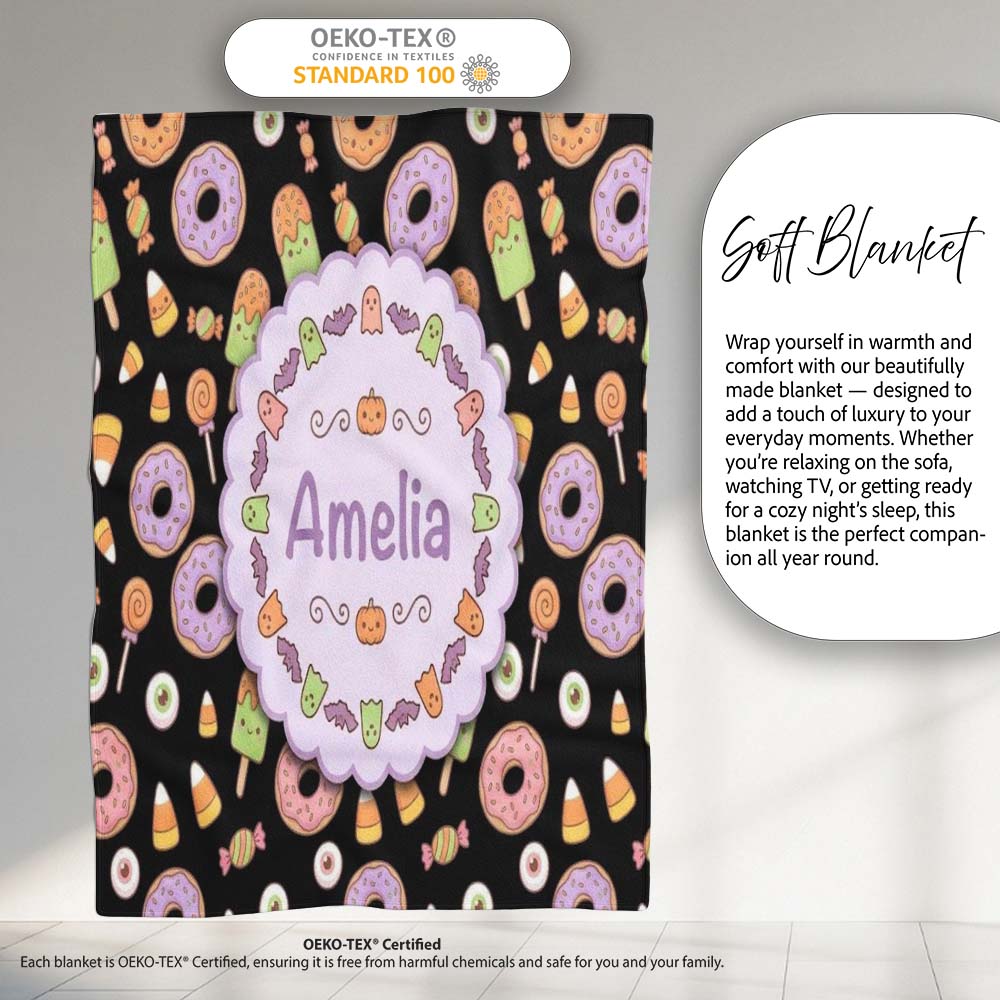 Cute Halloween Donuts Candy Eyeball Ice Cream Seamless Pattern Personalised Custom Name Super Soft Fleece Blanket Bed Sofa Throw