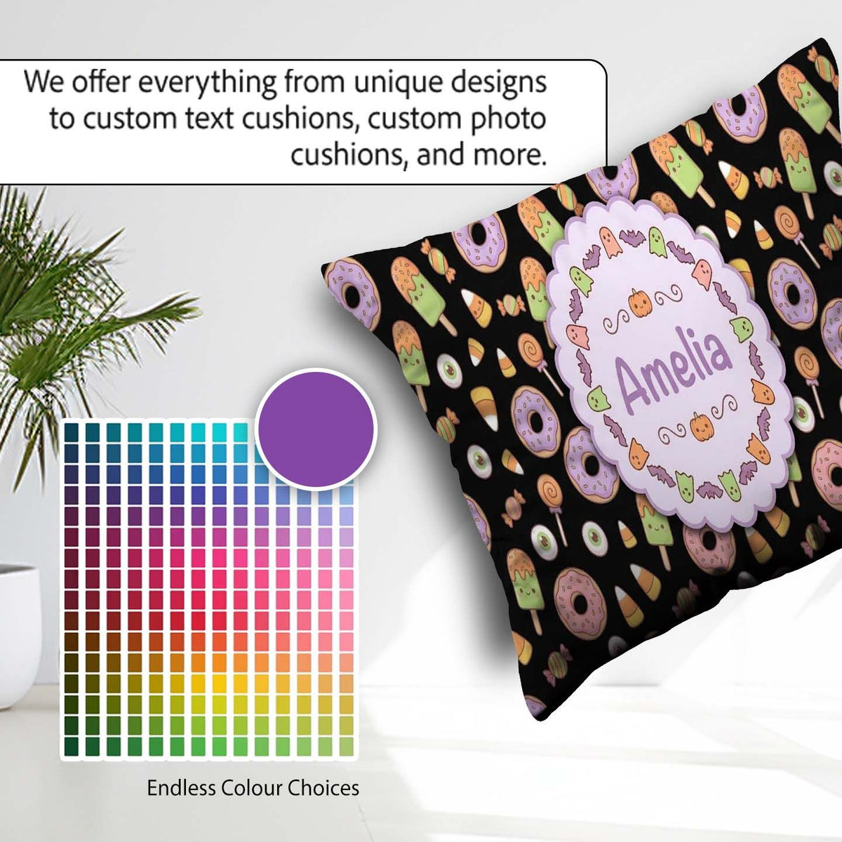 Custom Name Cute Donuts Candy Eyeball Ice Cream Seamless Pattern Square Filled Cushion Throw Pillow Sofa Bed Home Decor Zip Washable UK Made