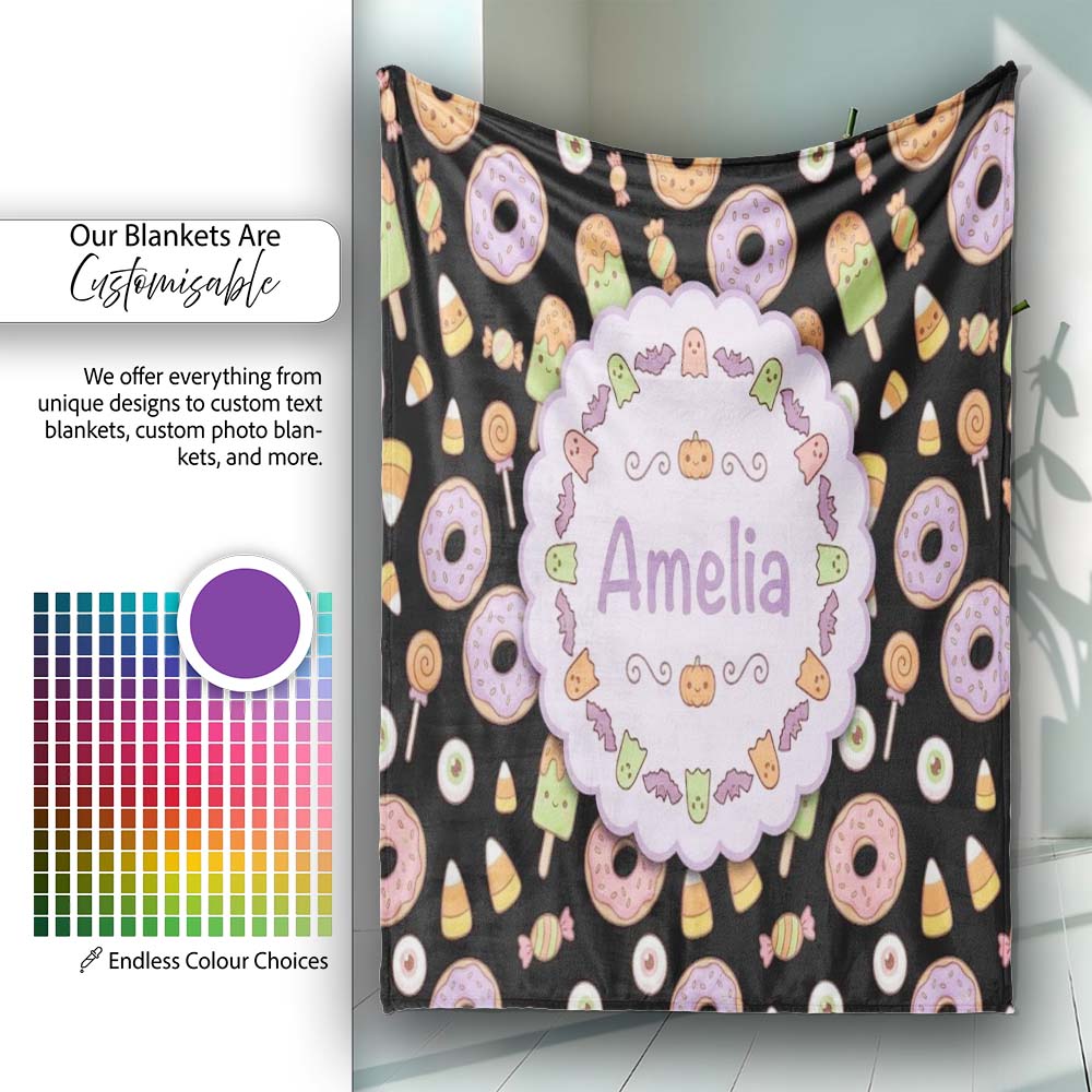 Cute Halloween Donuts Candy Eyeball Ice Cream Seamless Pattern Personalised Custom Name Super Soft Fleece Blanket Bed Sofa Throw
