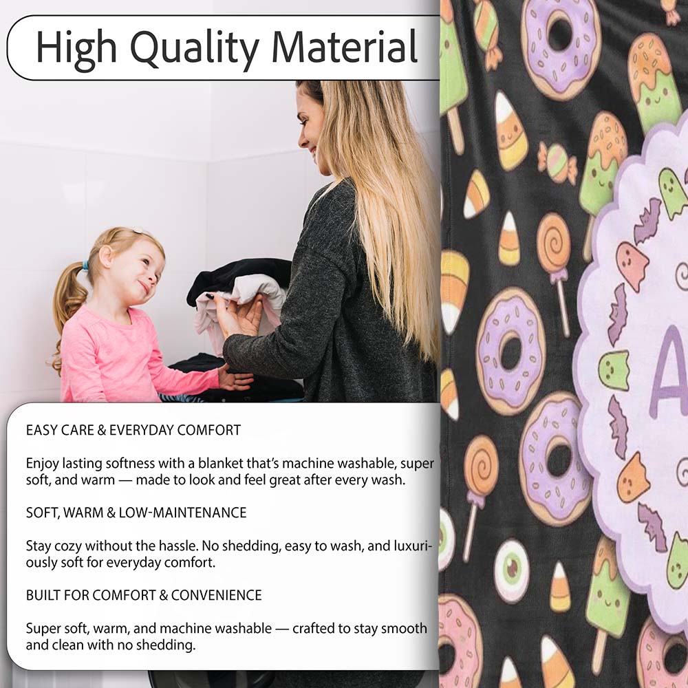 Cute Halloween Donuts Candy Eyeball Ice Cream Seamless Pattern Personalised Custom Name Super Soft Fleece Blanket Bed Sofa Throw