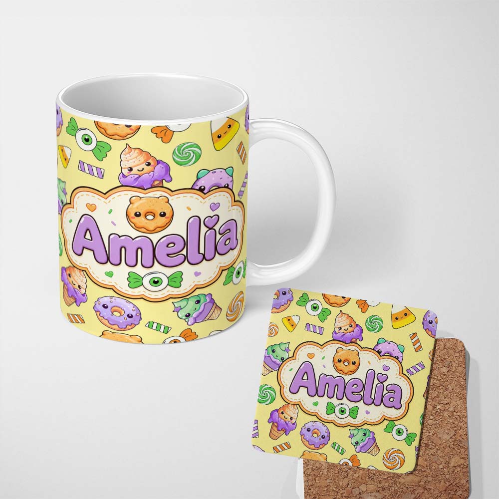 Personalized Custom Name Cute Halloween Donut Candy Eyeball Ice Cream Seamless Pattern 11oz Ceramic Coffee Tea Mug White Large Handle