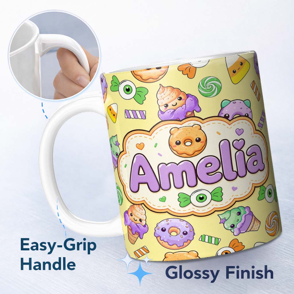 Personalized Custom Name Cute Halloween Donut Candy Eyeball Ice Cream Seamless Pattern 11oz Ceramic Coffee Tea Mug White Large Handle