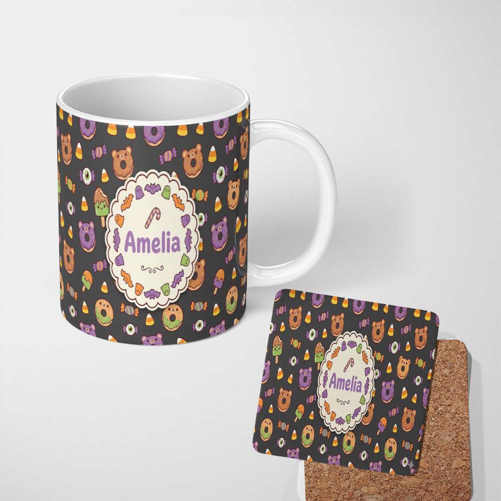 Personalized Custom Name Halloween Donuts Candy Eyeball Ice Cream Seamless Pattern Dark Grey 11oz Ceramic Coffee Tea Mug White Large Handle