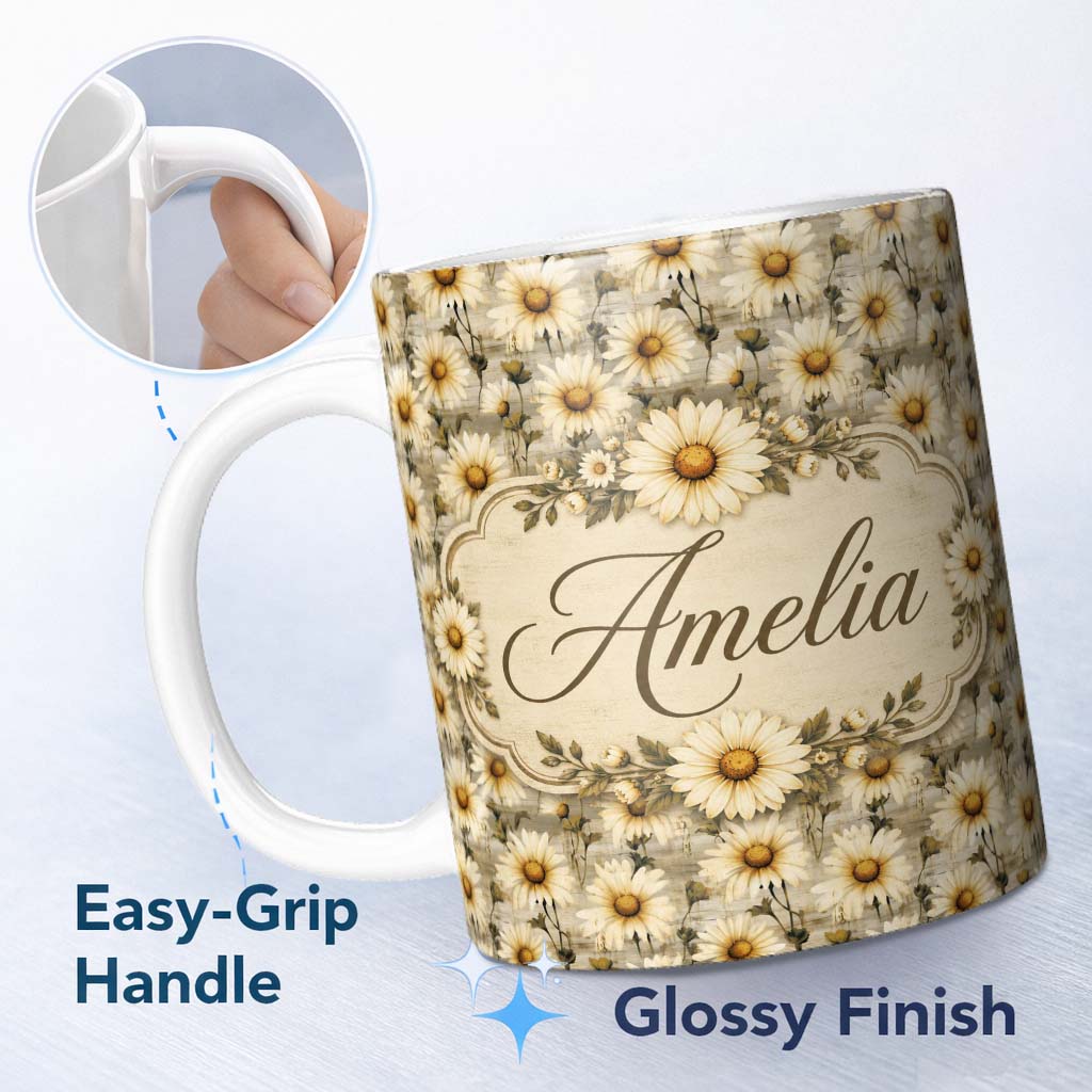 Personalized Custom Name Classic Daisy Clusters on Soft Distressed Blue Backdrop Lovely 11oz Ceramic Coffee Tea Mug White Large Handle