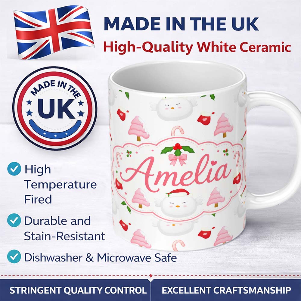 Personalized Custom Name Cute Winter Bird Santa Hat Candy Cane Holly Seamless Pattern Lovely 11oz Ceramic Coffee Tea Mug White Large Handle