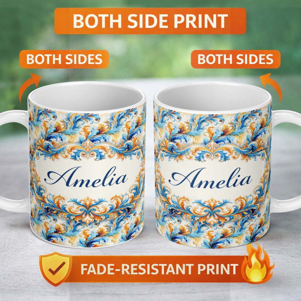 Personalized Custom Name Blue Orange Baroque Floral Ornamental Decorative Design Lovely 11oz Ceramic Coffee Tea Mug White Large Handle