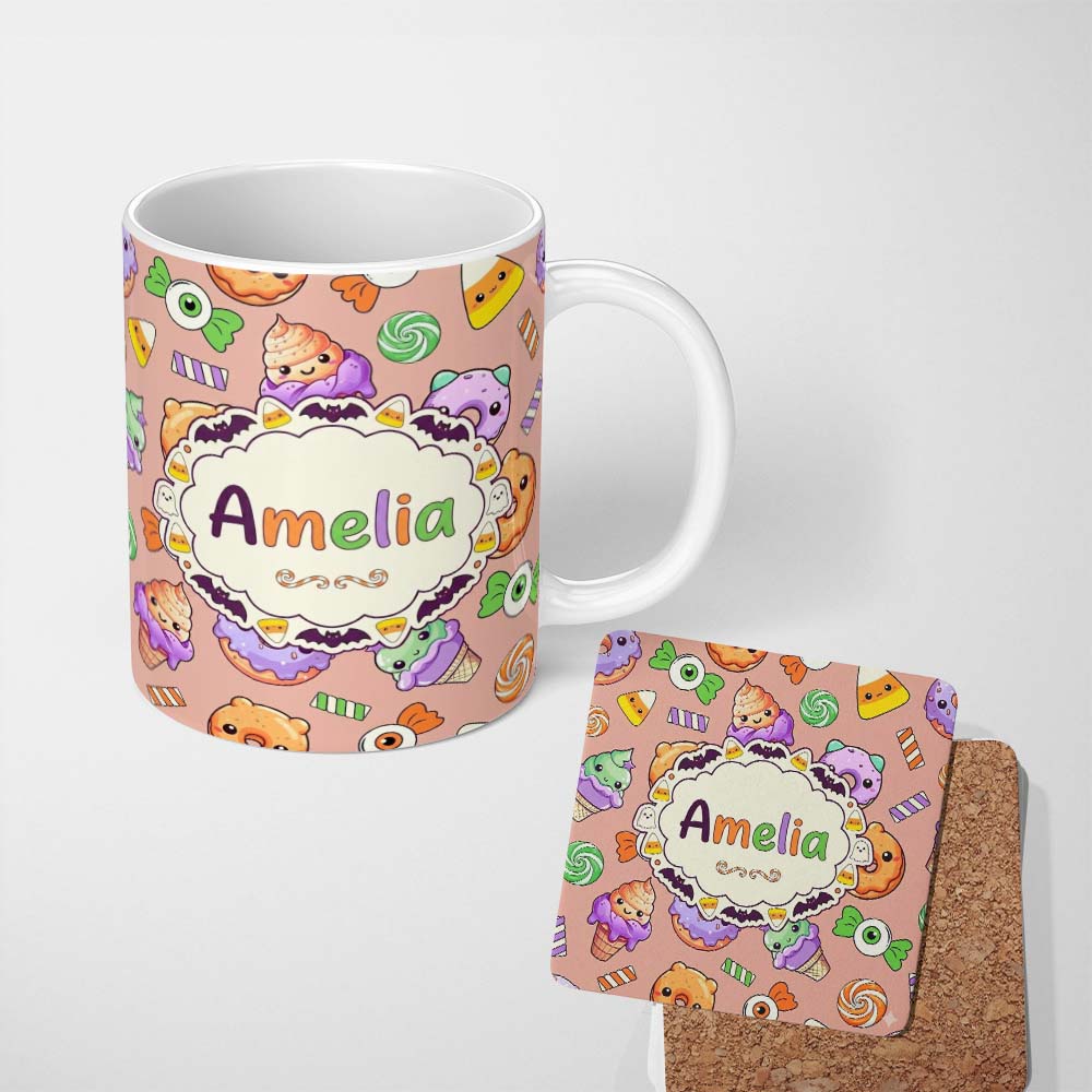 Personalized Custom Name Cute Halloween Donuts Candy Eyeball Ice Cream Seamless Pattern 11oz Ceramic Coffee Tea Mug White Large Handle