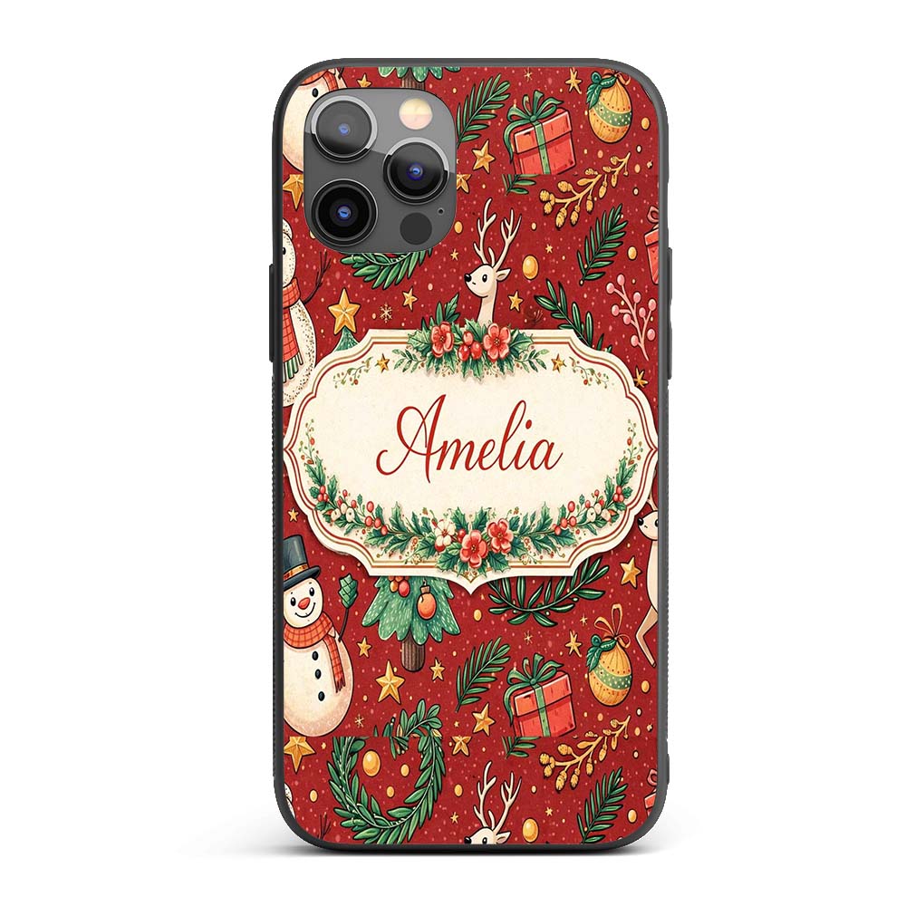 Winter Holiday Snowman Reindeer Wreath Seamless Custom Name Protective Phone Case Mobile Cover Durable Everyday Smartphone Shock Resistant