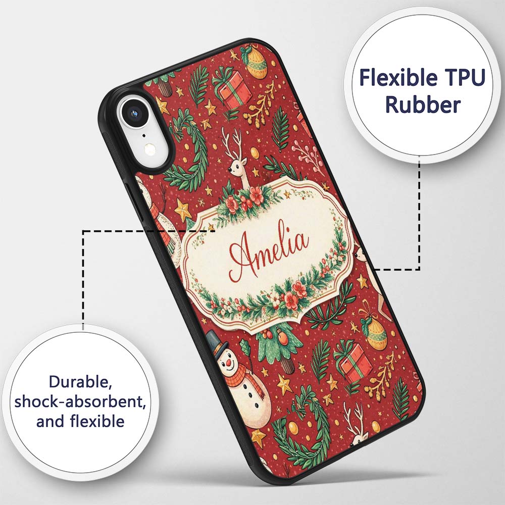 Winter Holiday Snowman Reindeer Wreath Seamless Custom Name Protective Phone Case Mobile Cover Durable Everyday Smartphone Shock Resistant