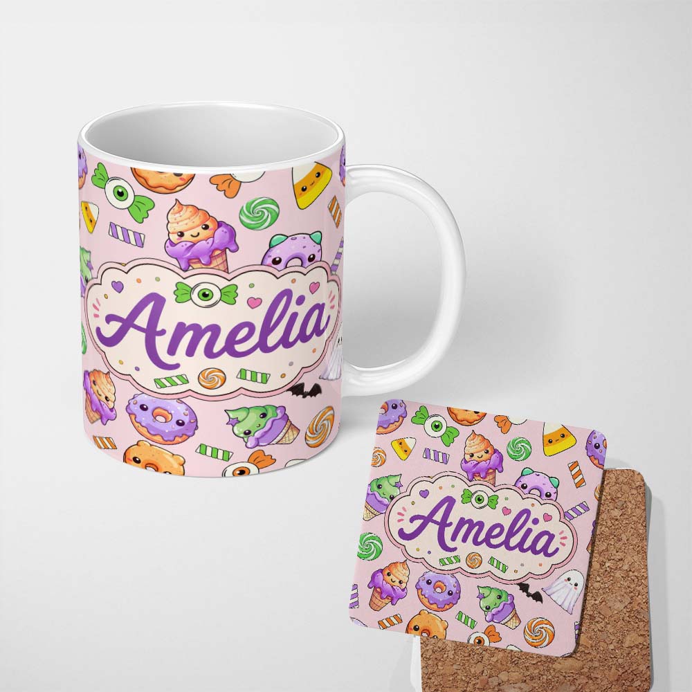 Personalized Custom Name Halloween Donut Candy Eyeball Ice Cream Seamless Pattern Blush Pink 11oz Ceramic Coffee Tea Mug White Large Handle
