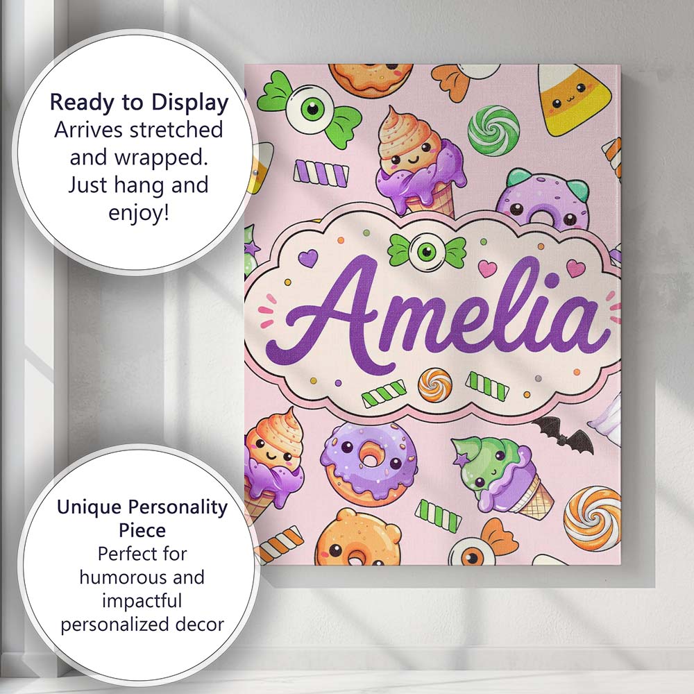 Personalised Name Halloween Donut Candy Custom Modern Room Accent Elegant Feature Canvas Wall Art Print Decor Picture Ready to Hang