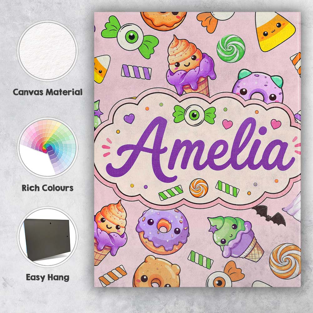 Personalised Name Halloween Donut Candy Custom Modern Room Accent Elegant Feature Canvas Wall Art Print Decor Picture Ready to Hang