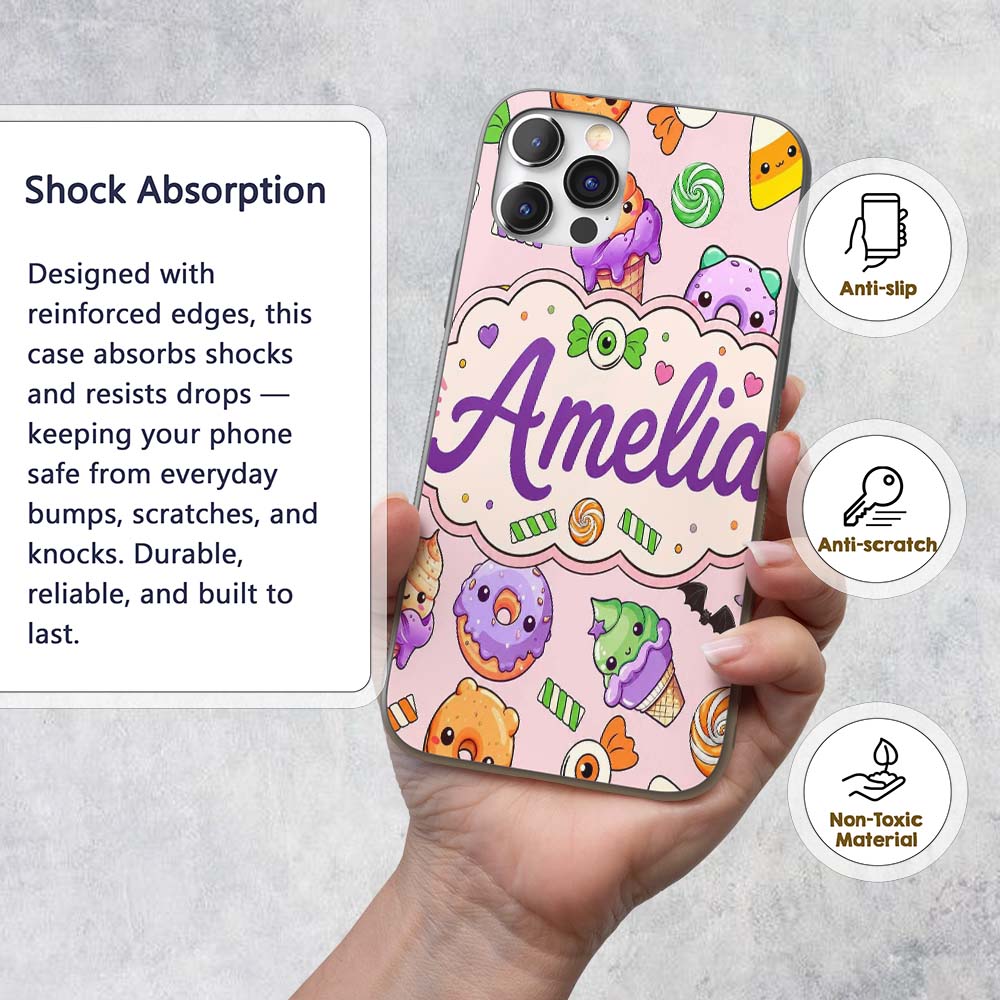 Halloween Donut Candy Eyeball Ice Cream Seamless Custom Name Protective Phone Case Mobile Cover Durable Everyday Smartphone Shock Resistant