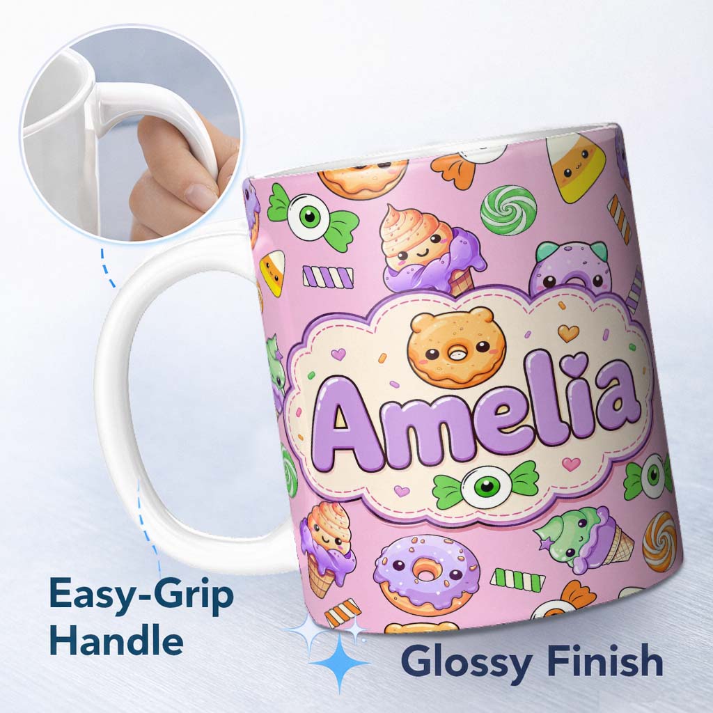 Personalized Custom Name Halloween Donuts Candy Eyeball Ice Cream Seamless Pattern Lavender 11oz Ceramic Coffee Tea Mug White Large Handle