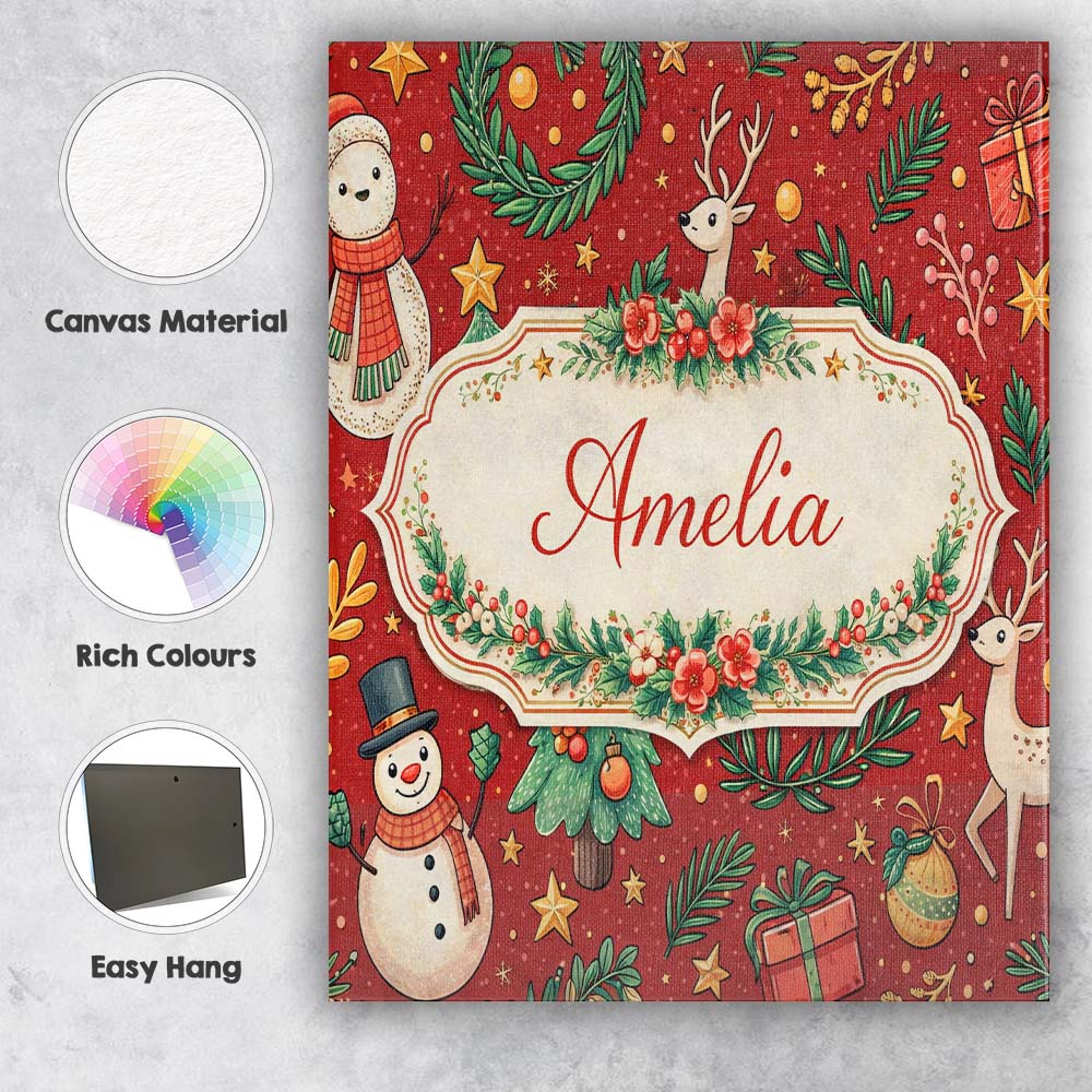 Personalised Name Winter Holiday Snowman Reindeer Wreath Seamless Custom Bespoke Canvas Wall Art Print Decor Picture Ready to Hang