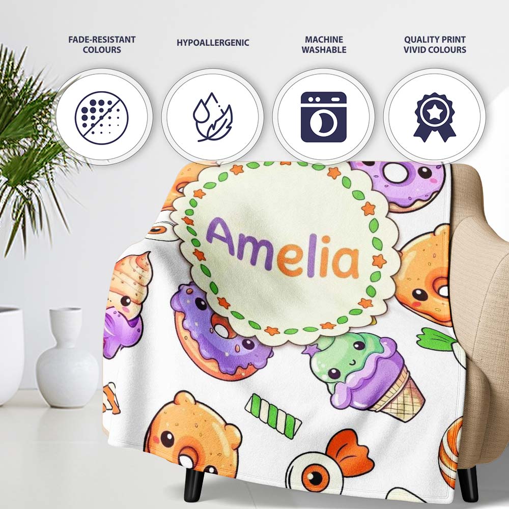 Halloween Donut Candy Eyeball Ice Cream Seamless Pattern Light Grey Personalised Custom Name Super Soft Fleece Blanket Bed Sofa Throw