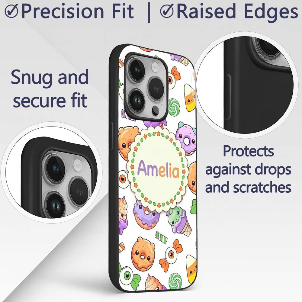 Halloween Donut Candy Eyeball Ice Cream Seamless Custom Name Protective Phone Case Mobile Cover Durable Everyday Smartphone Shock Resistant