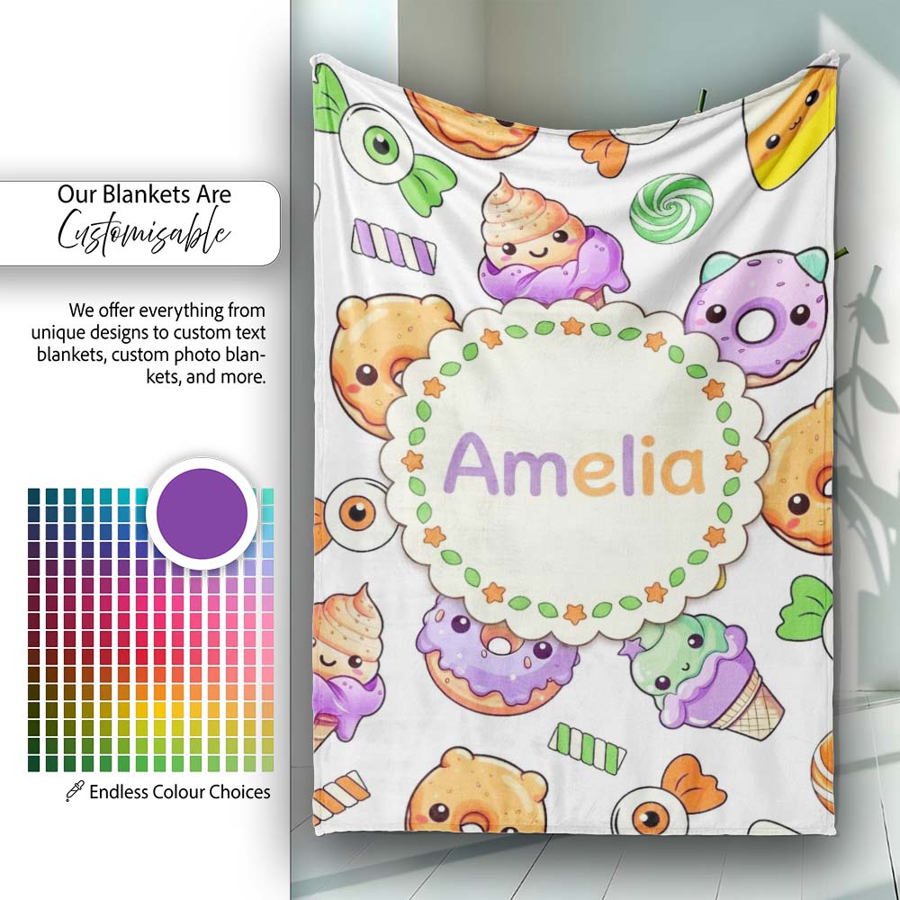 Halloween Donut Candy Eyeball Ice Cream Seamless Pattern Light Grey Personalised Custom Name Super Soft Fleece Blanket Bed Sofa Throw