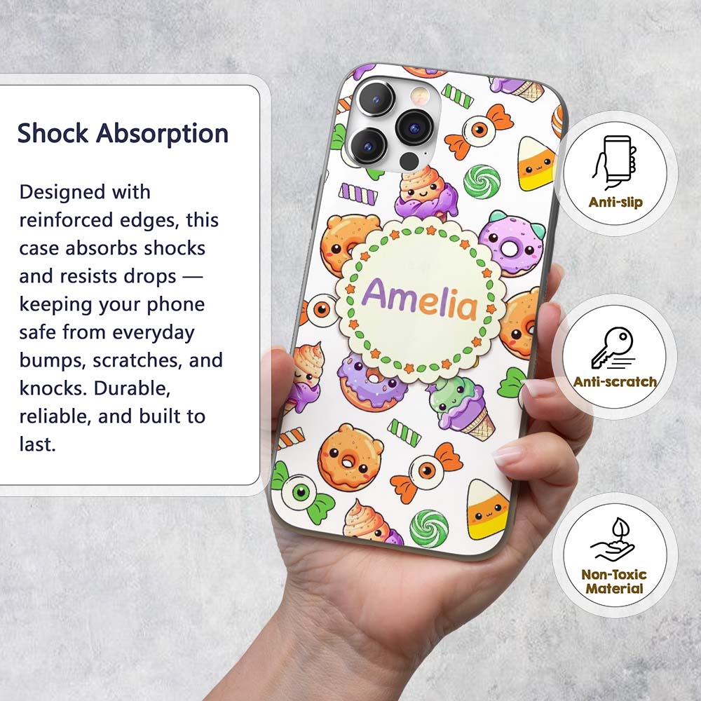Halloween Donut Candy Eyeball Ice Cream Seamless Custom Name Protective Phone Case Mobile Cover Durable Everyday Smartphone Shock Resistant