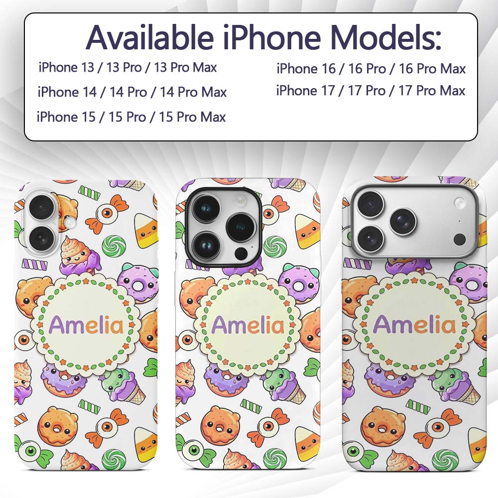 Halloween Donut Candy Eyeball Ice Cream Seamless Custom Name Protective Phone Case Mobile Cover Durable Everyday Smartphone Shock Resistant