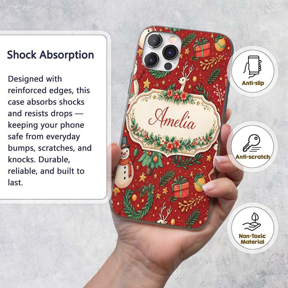 Winter Holiday Snowman Reindeer Wreath Seamless Custom Name Protective Phone Case Mobile Cover Durable Everyday Smartphone Shock Resistant