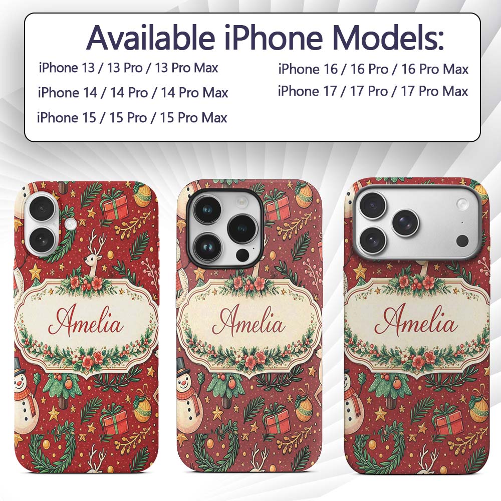 Winter Holiday Snowman Reindeer Wreath Seamless Custom Name Protective Phone Case Mobile Cover Durable Everyday Smartphone Shock Resistant