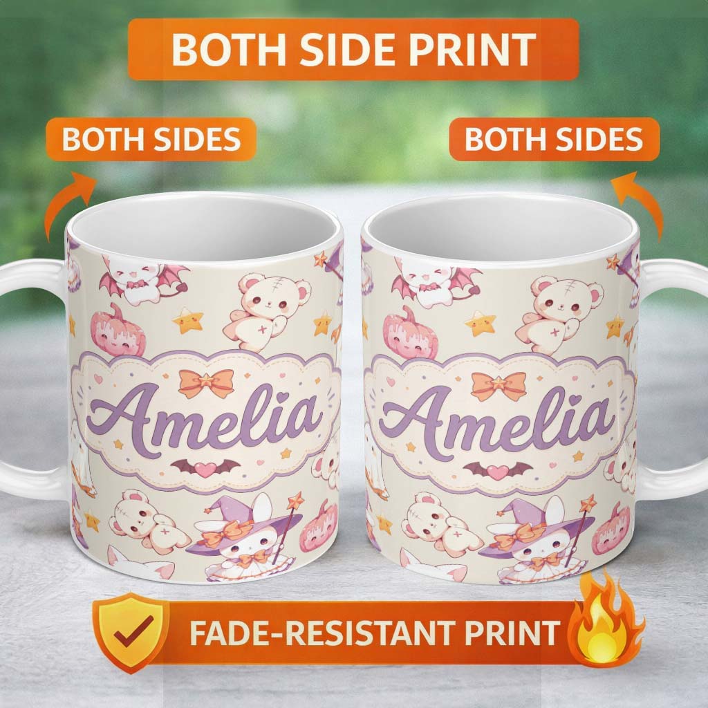 Personalized Custom Name Kawaii Halloween Bunny Witch Ghost Pumpkin Seamless Pattern Cream 11oz Ceramic Coffee Tea Mug White Large Handle