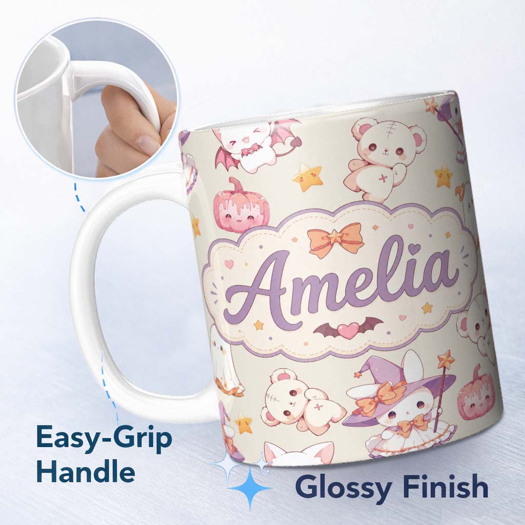 Personalized Custom Name Kawaii Halloween Bunny Witch Ghost Pumpkin Seamless Pattern Cream 11oz Ceramic Coffee Tea Mug White Large Handle