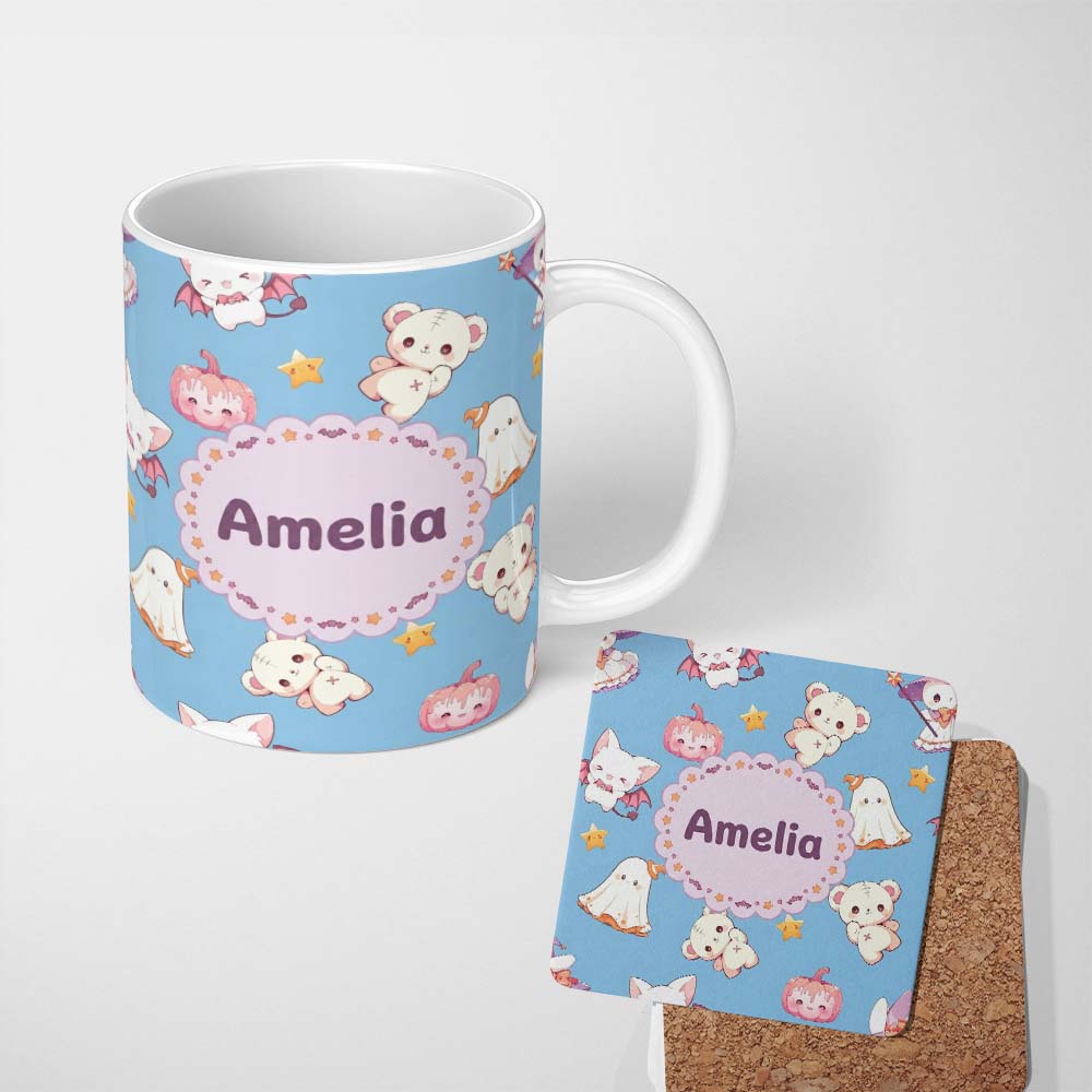 Personalized Custom Name Kawaii Halloween Bunny Witch Ghost Pumpkin Seamless Pattern Blue 11oz Ceramic Coffee Tea Mug White Large Handle